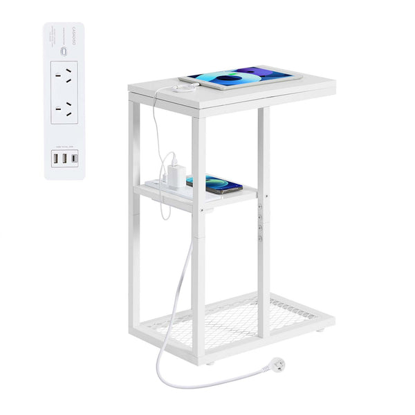 Casadiso Sofa Side Table with Charging Station Narrow Bedside Table with Power C-Shaped Coffee Table White (Mintaka)