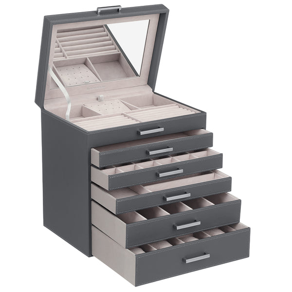 SONGMICS Jewelry Organizer Box - Portable 6-Tier Case with Varying Compartments for Necklaces, Bracelets, Rings - black Synthetic Leather Exterior, Velvet Interior, Sturdy MDF Frame