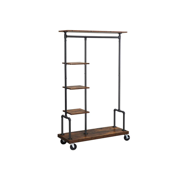 VASAGLE Industrial Style Clothing Garment Rack on Wheels - Rustic Engineered Wood Shelves - Strong Welded Steel Pipe Rail - 5 Shelf Ports for Clothes - Portable Clothes Rack with Lockable Wheels