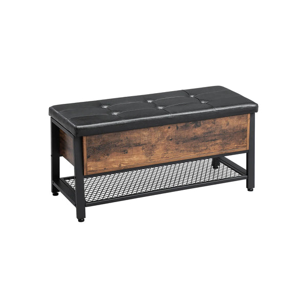VASAGLE Shoe Storage Bench with Padded Seat - Rustic Brown Upholstered 2 Tier Shoe Rack Organizer - Comfortable Shoes Bench with Chic Chesterfield Design